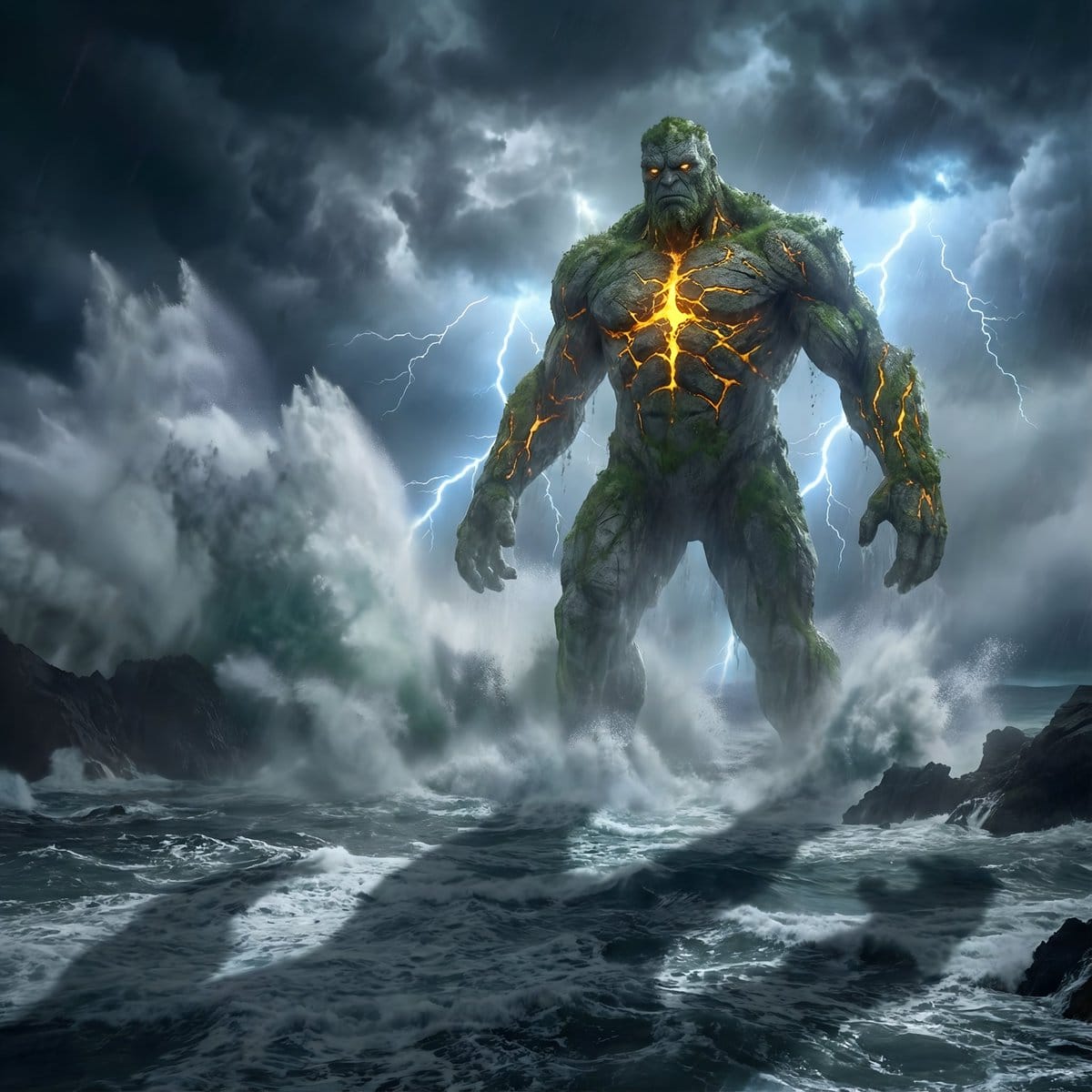 Colossal Stone Titan Rising from Ocean - AI提示词