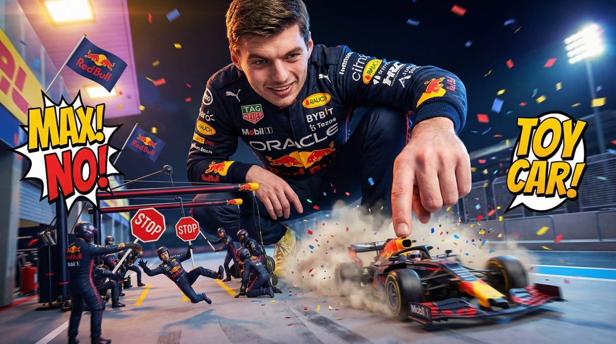 Comedic Giant Max Verstappen in Pit Lane - AI提示词