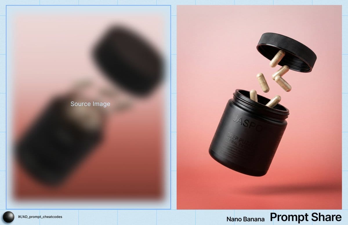 Commercial Product Shot of Levitating Supplement Jar and Capsules - AI Generated AI Art Style Image Example
