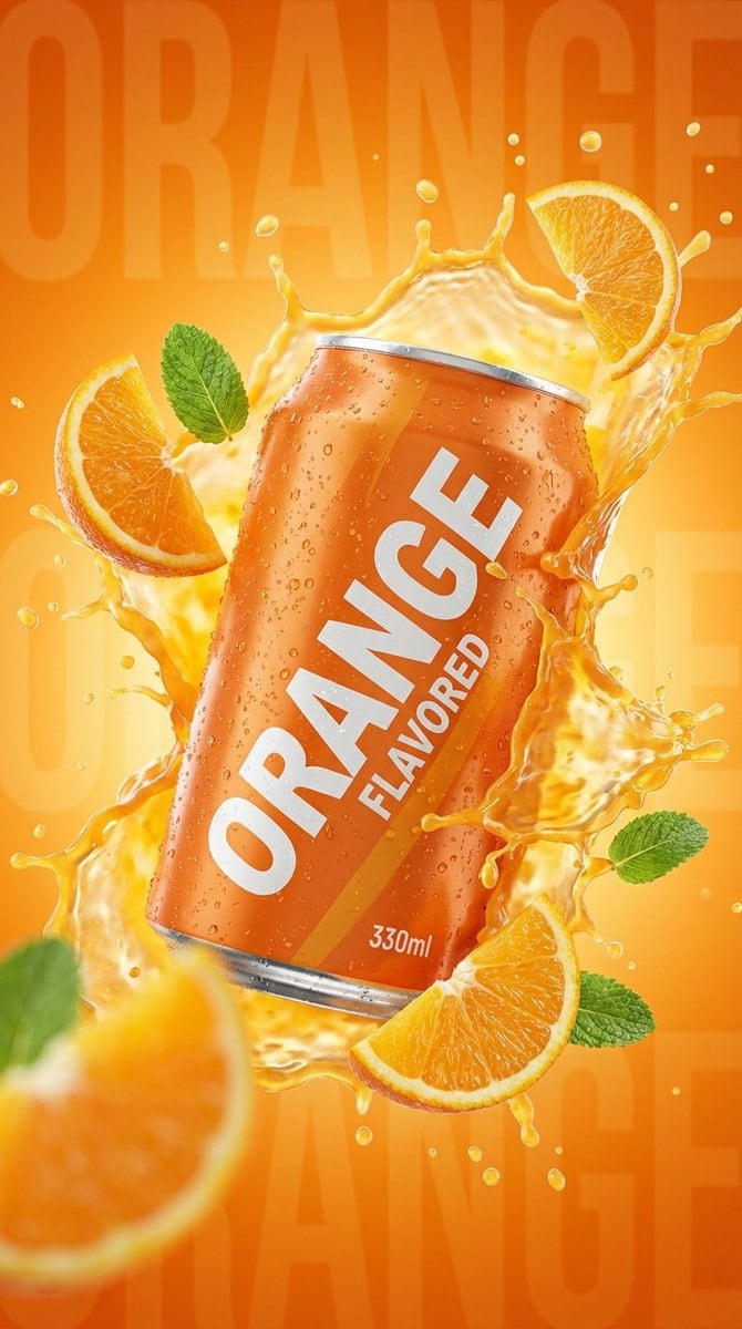 Commercial Product Photography: Orange Soda Can Splash - KI-Prompt
