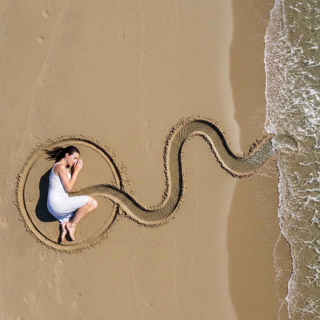 Conceptual Land Art Photography of Woman Connected to the Sea