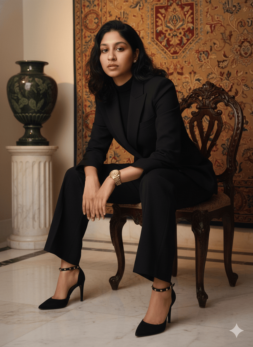 Confident and Luxurious Power Portrait of Female in Black tailored Pantsuit - AI 프롬프트