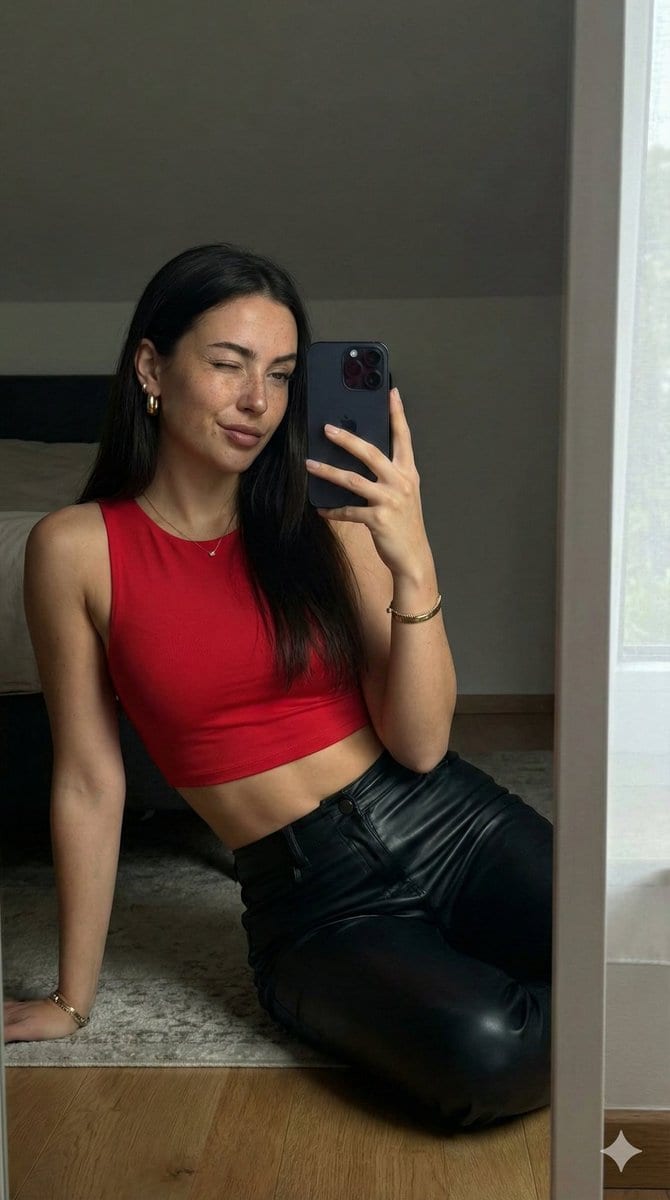 Confident Mirror Selfie Portrait with Red and Black Aesthetic - Prompt de IA