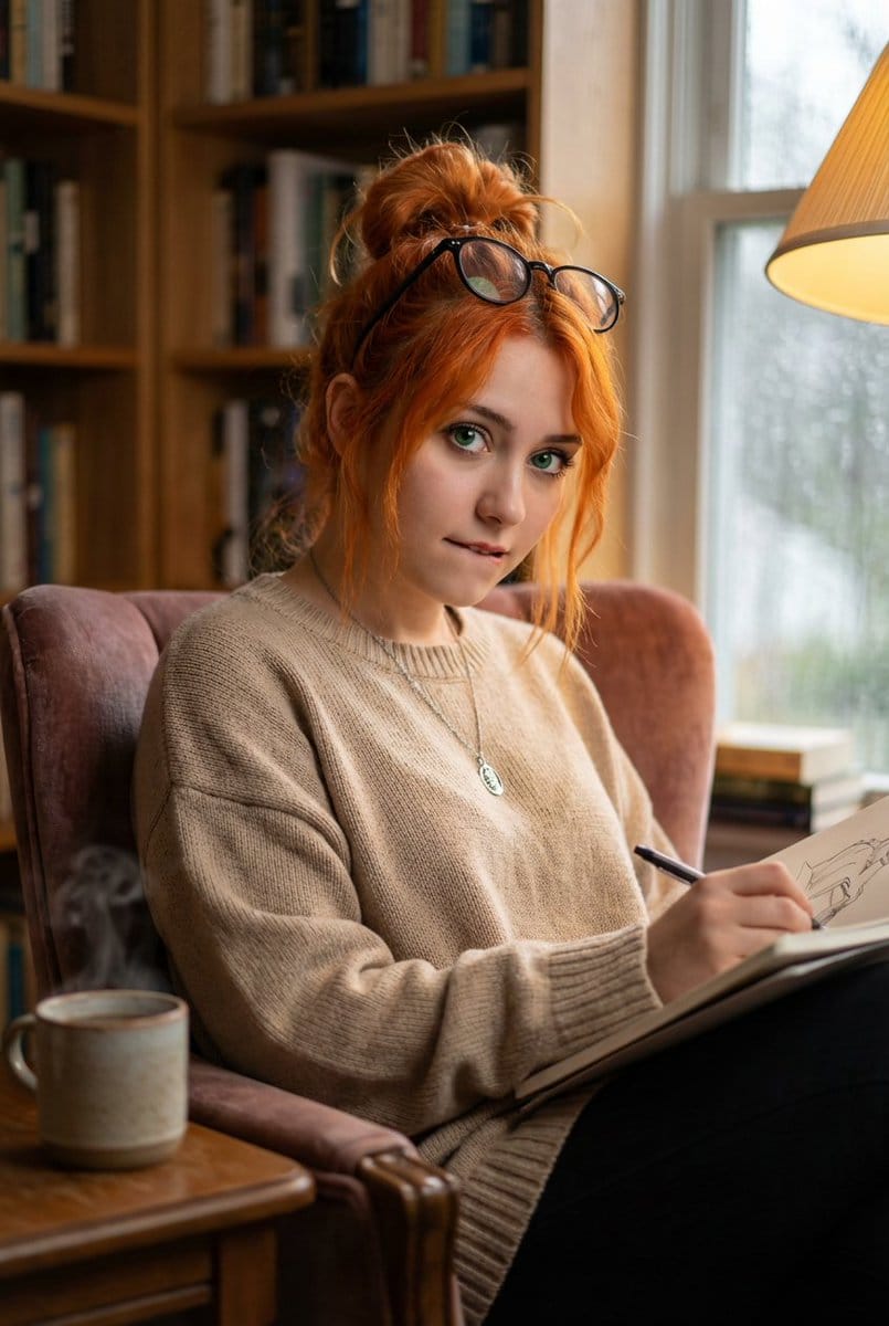 Consistent Character Portrait: Alev in a Cozy Library (JSON) - Prompt IA