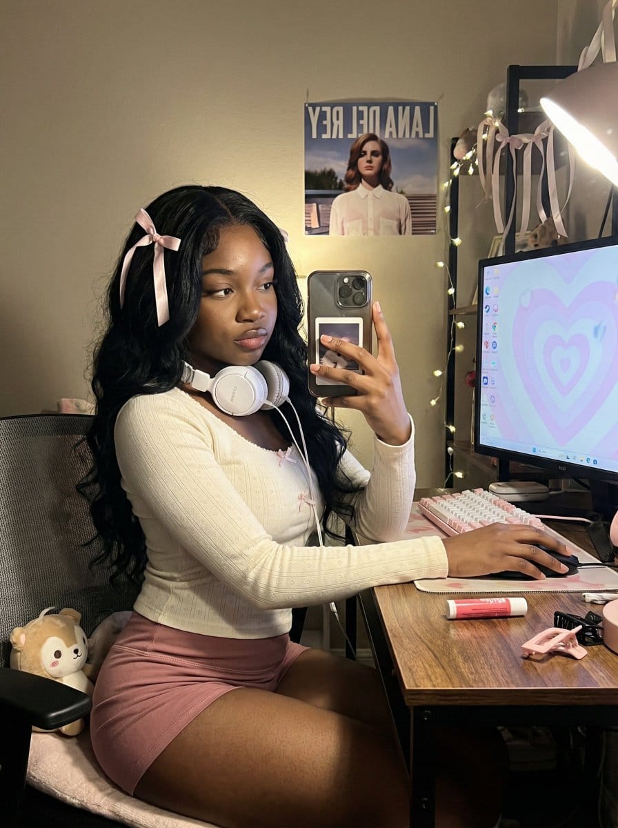 Coquette Gamer Girl Selfie in Bedroom - AIプロンプト