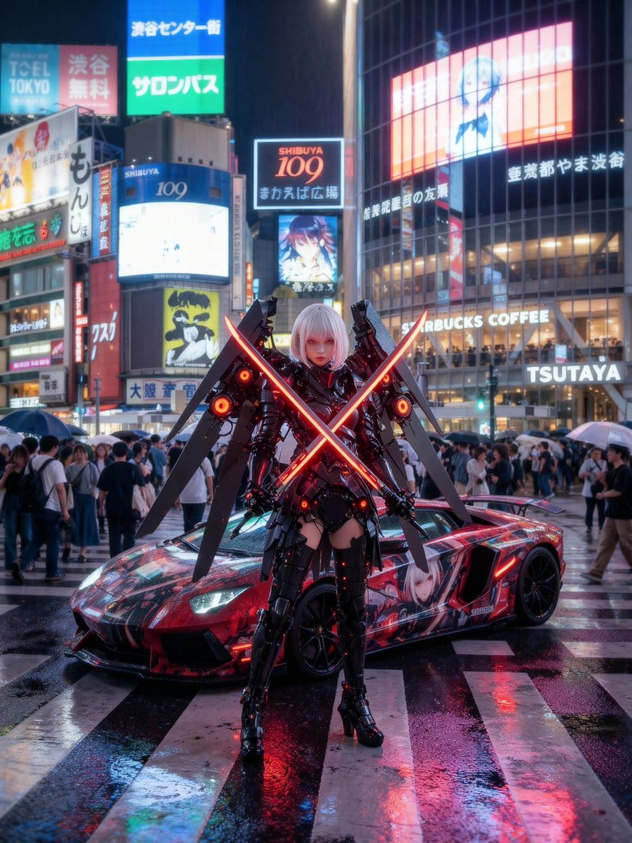 Cosplayer with itasha at Shibuya Scramble Crossing - Prompt IA