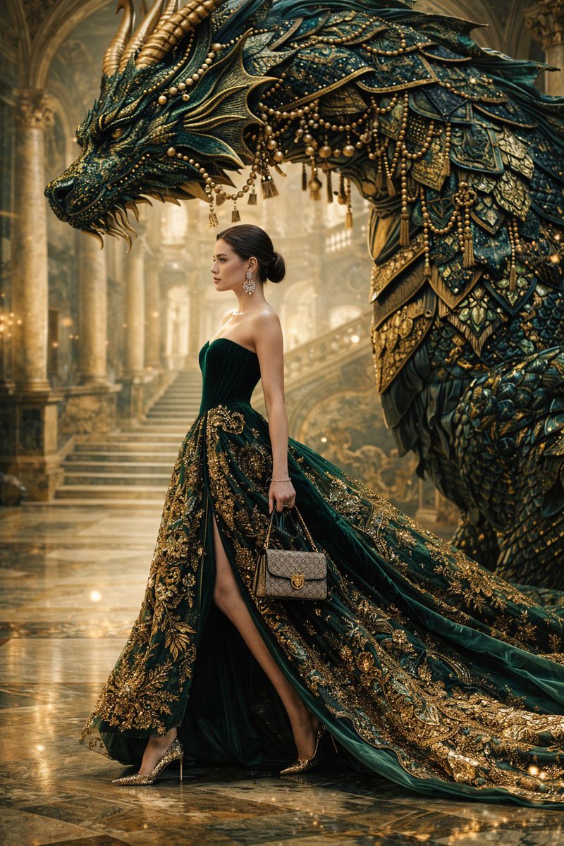 Preview image for Couture Woman and Colossal Dragon in Renaissance Palace prompt