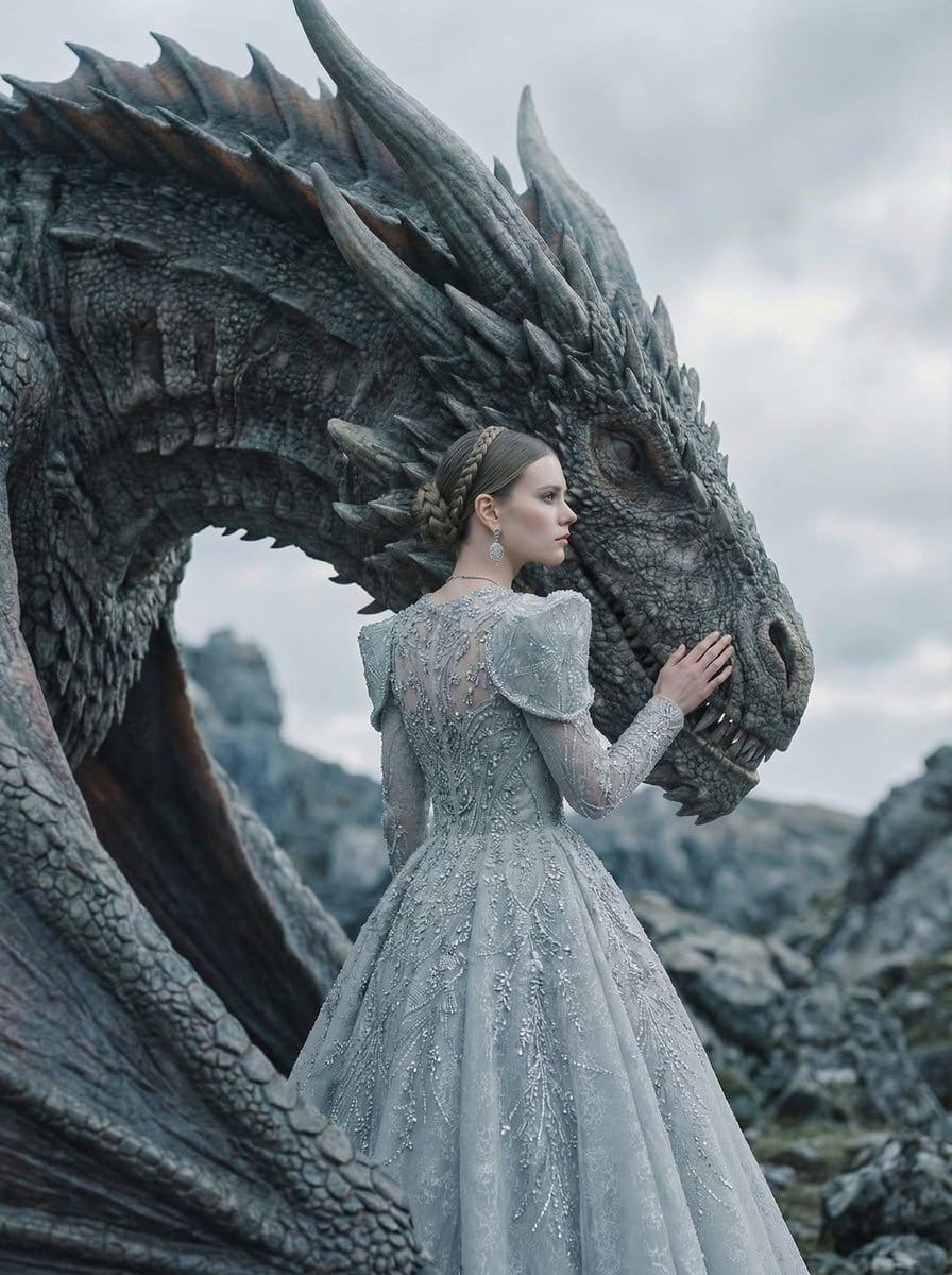 Couture Woman and Majestic Dragon Portrait - AI 프롬프트