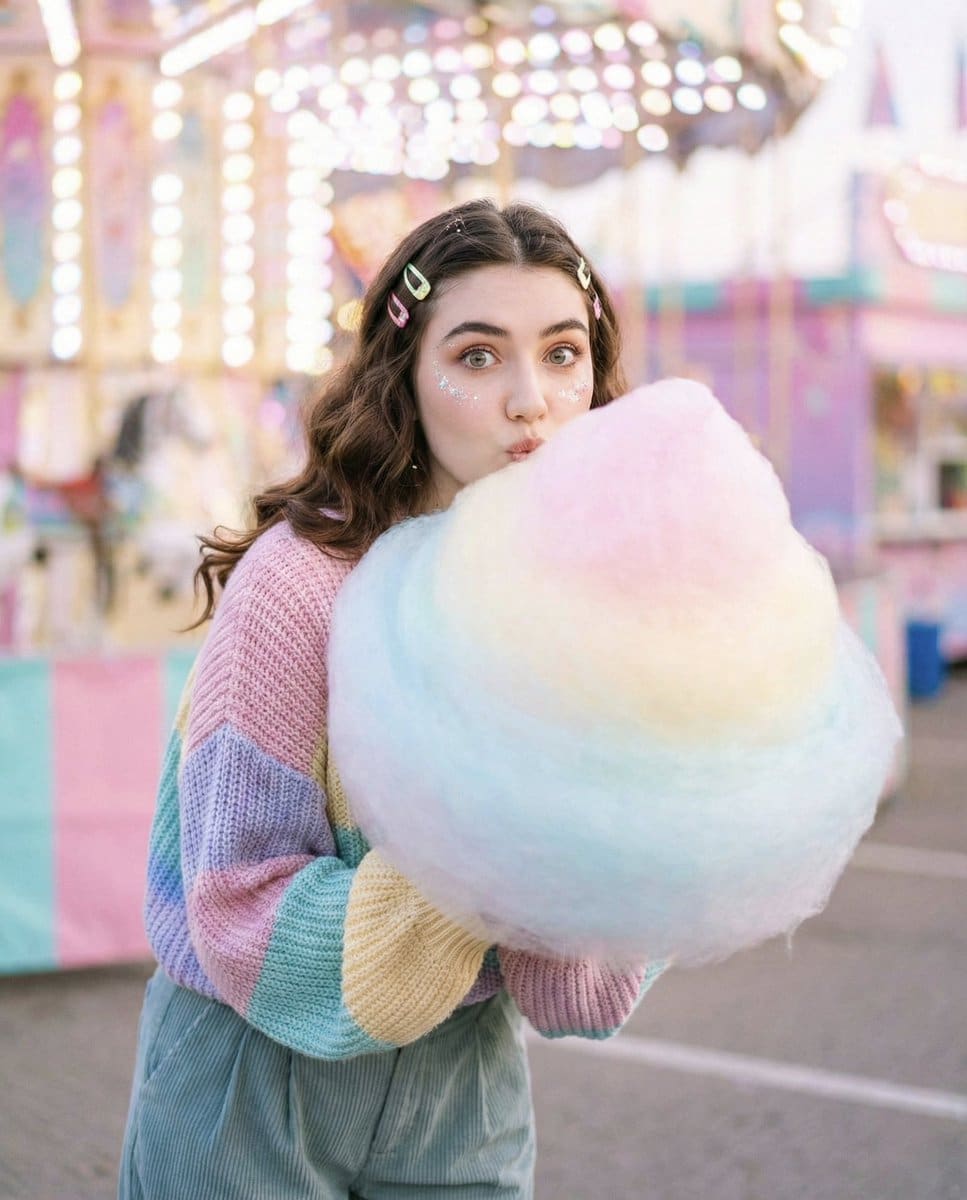 Cozy-Sweet Editorial Portrait with Cotton Candy - AI Generated Character Style Image