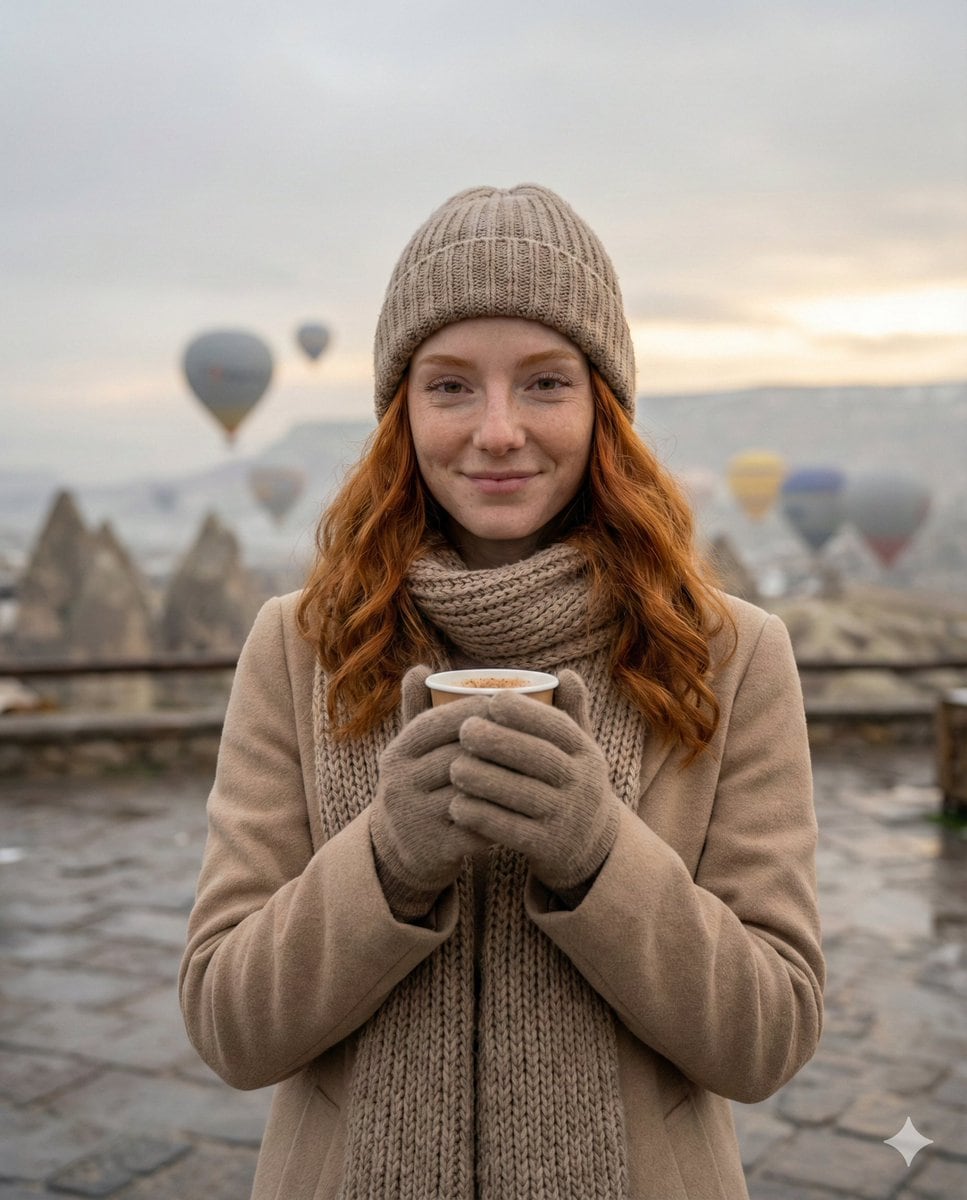 Cozy Winter Travel Photo in Cappadocia with Hot Air Balloons - AI Generated Realistic Style Image Example
