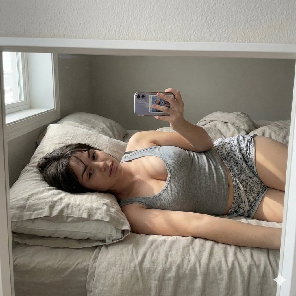 Cozy Bed Mirror Selfie in Loungewear - AI Generated Realistic Style Image Example
