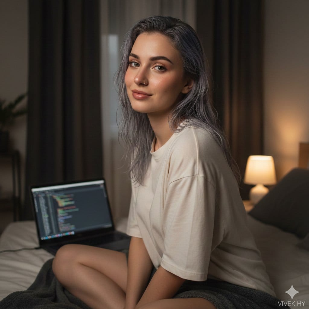 Cozy Bedroom Portrait with Code Editor Prompt - AI 프롬프트