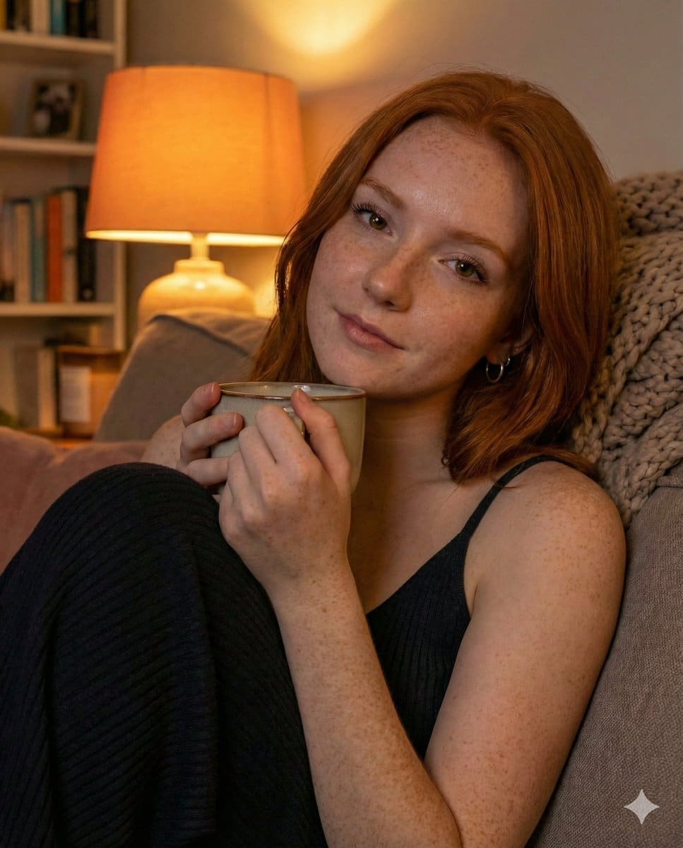 Cozy Candid Close-up Portrait with Coffee Mug - AI 프롬프트