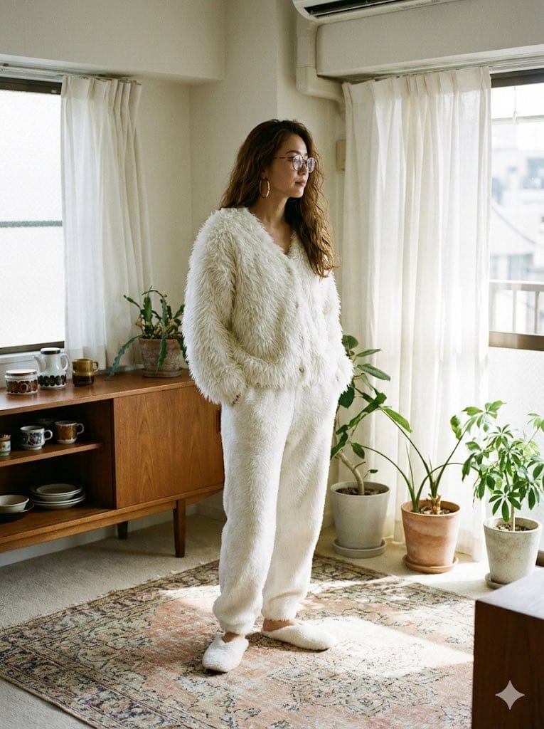 Cozy Retro Loungewear with Shaggy Faux Fur - AI Generated Pixel art Style Image Example