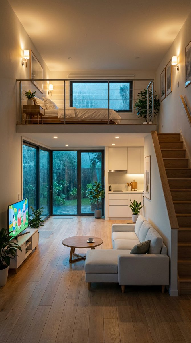 Preview image for Cozy Split-Level Studio Apartment with Rainy Garden View prompt