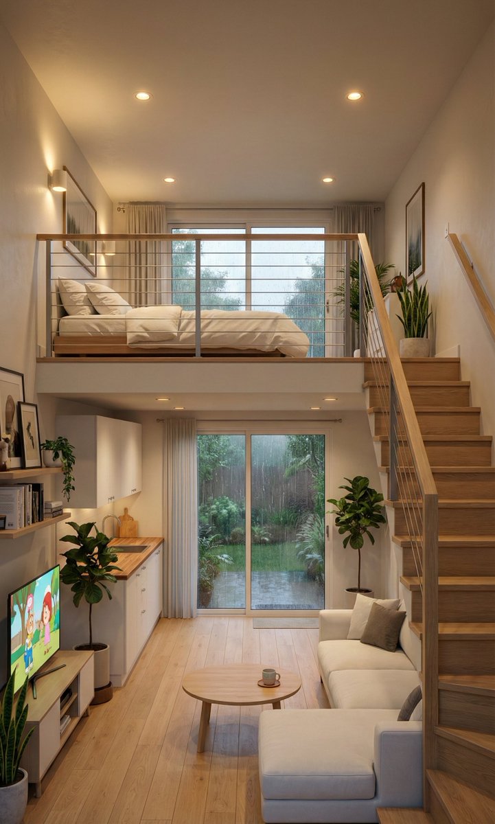Preview image for Cozy Split-Level Studio Apartment with Rainy Garden View (Structured) prompt