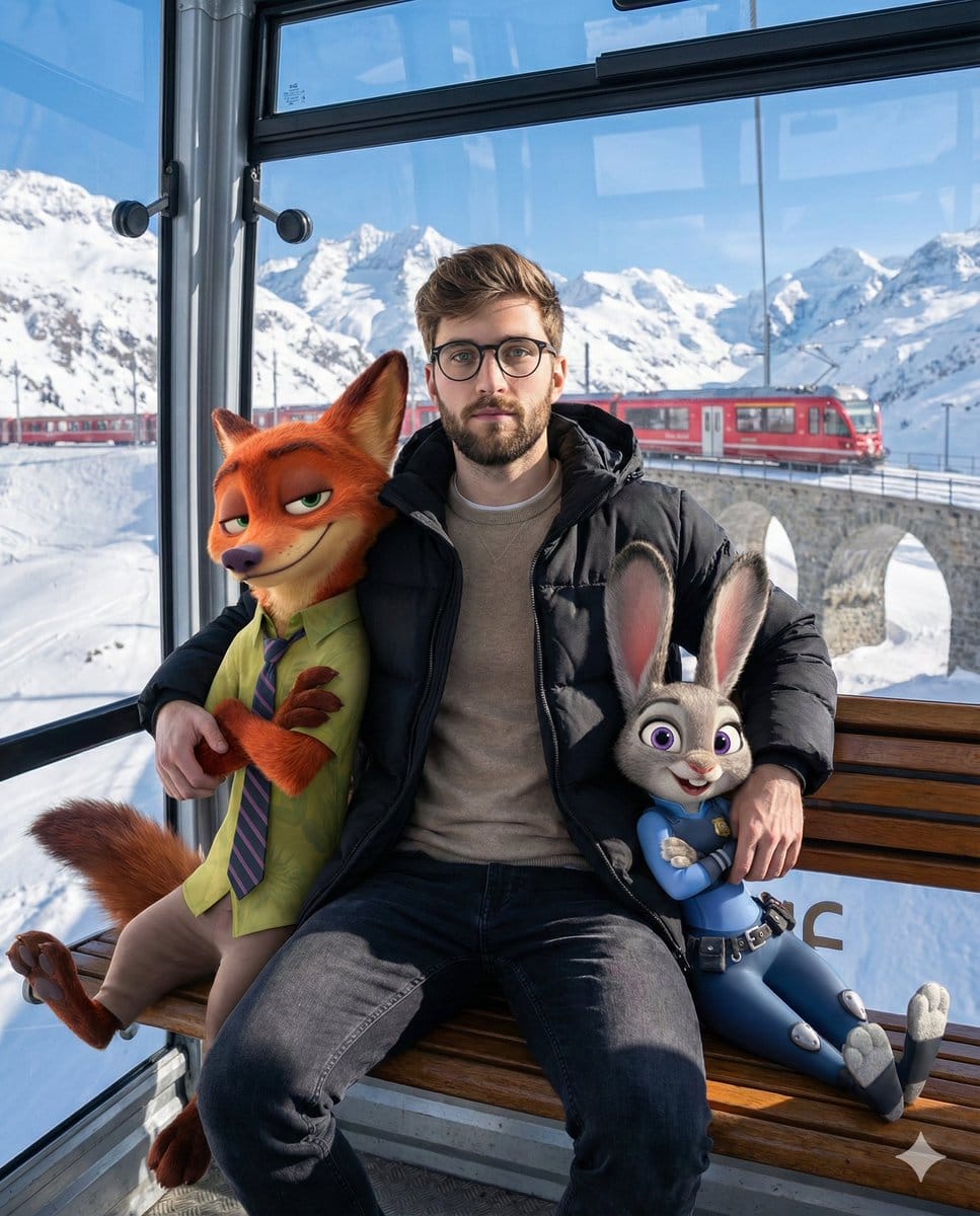 Cozy Winter Cable Car Scene with Zootopia Characters - Prompt IA