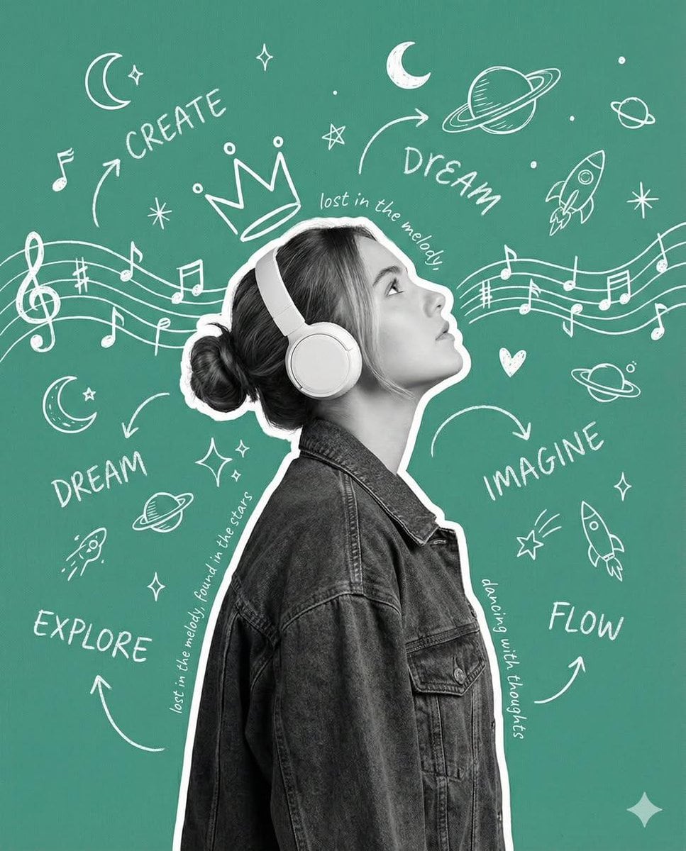 Creative Poster with Cutout Portrait and Chalkboard Doodles - AI提示词