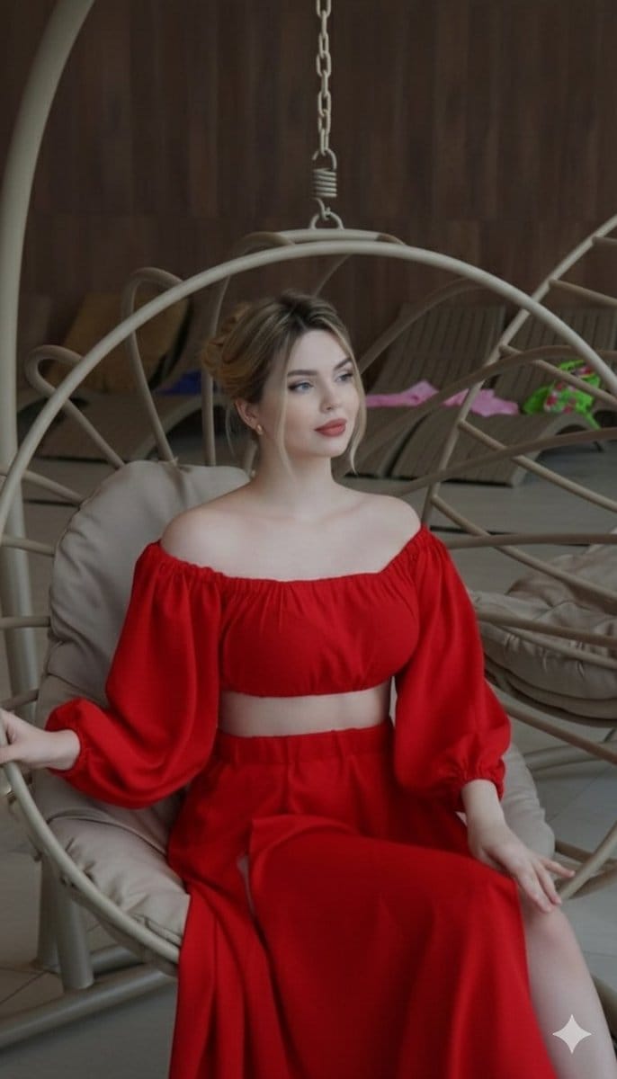 Crimson Red Fashion Editorial in Rattan Chair - AI Generated AI Art Style Image Example