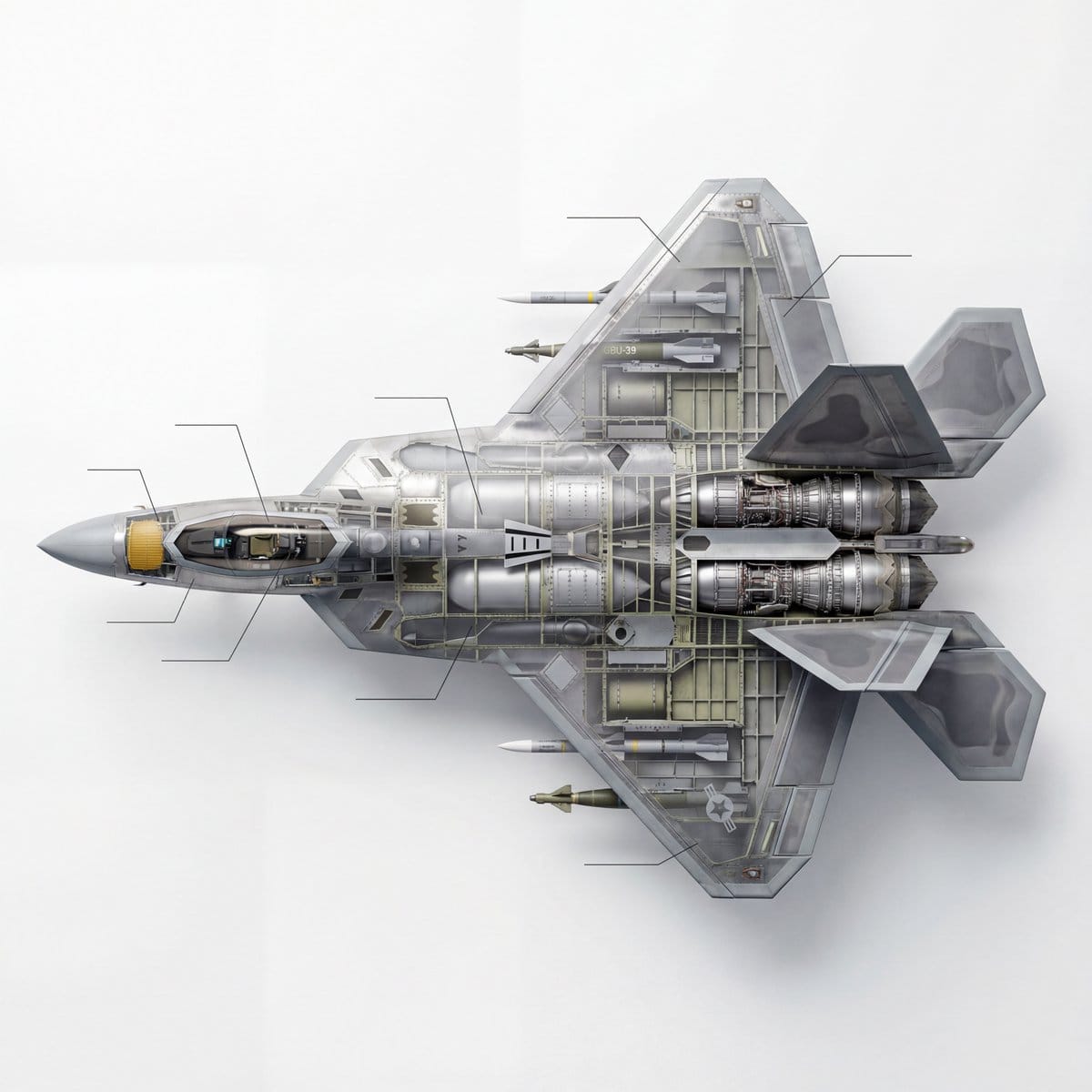 Cutaway infographic of a 5th generation stealth fighter jet - AI Generated Abstract Style Image Example