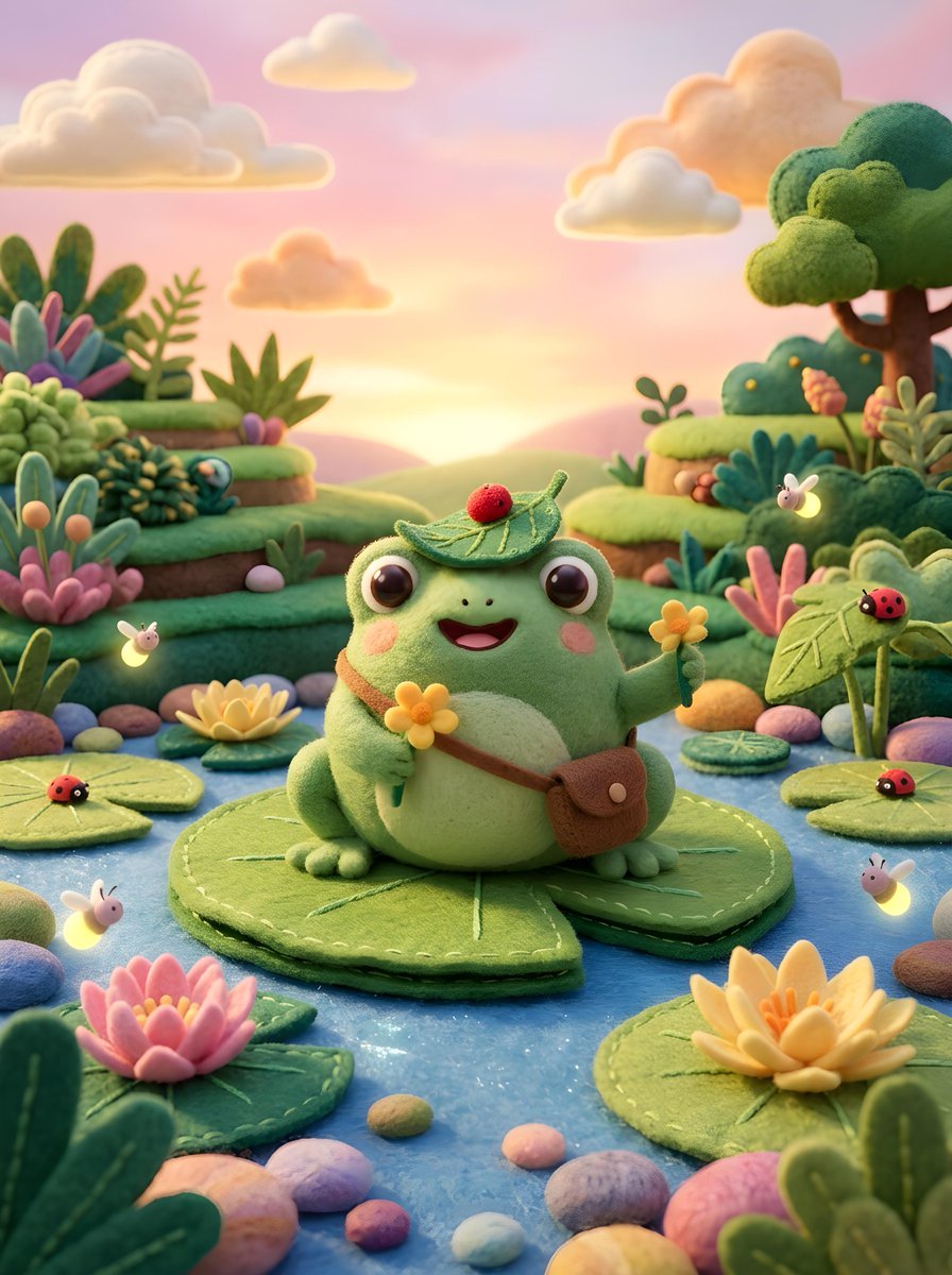 Preview image for Cute Felt Frog Scene prompt