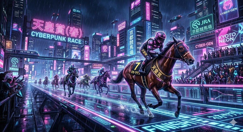 Preview image for Cyberpunk Horse Racing Illustration prompt