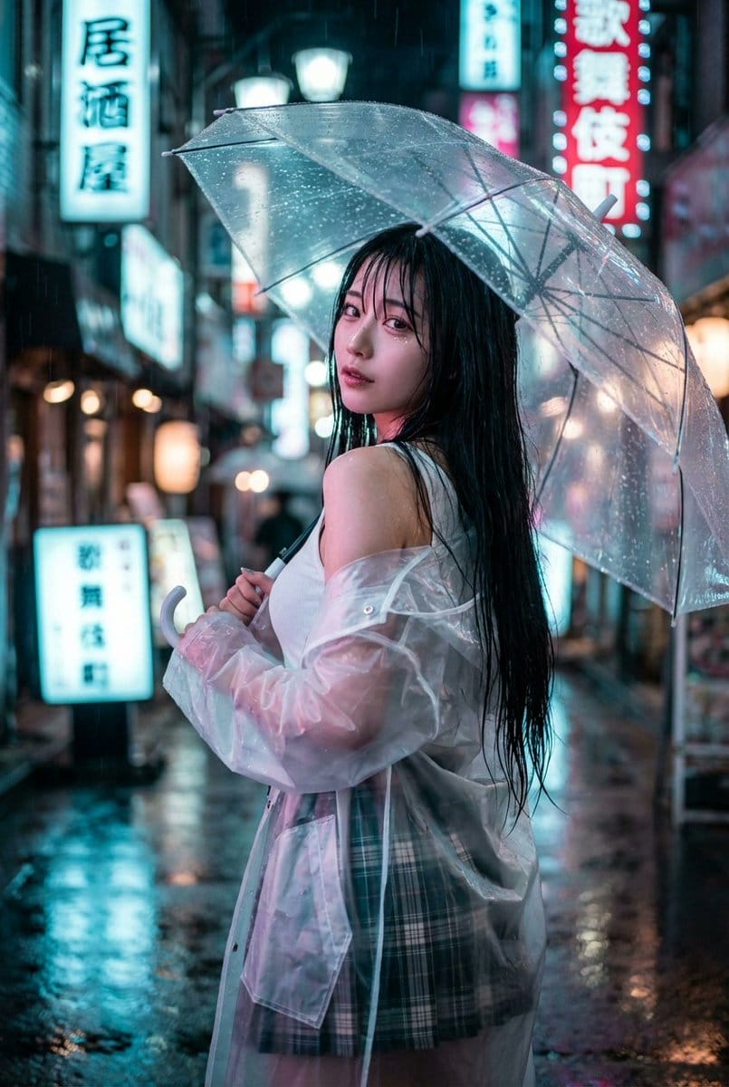 Cyberpunk J-Pop Neon-Noir Street Portrait - Prompt IA