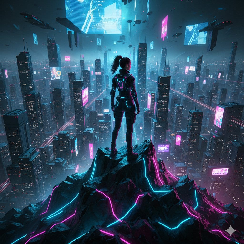 Cyberpunk Mountain Peak Girl - Prompt IA