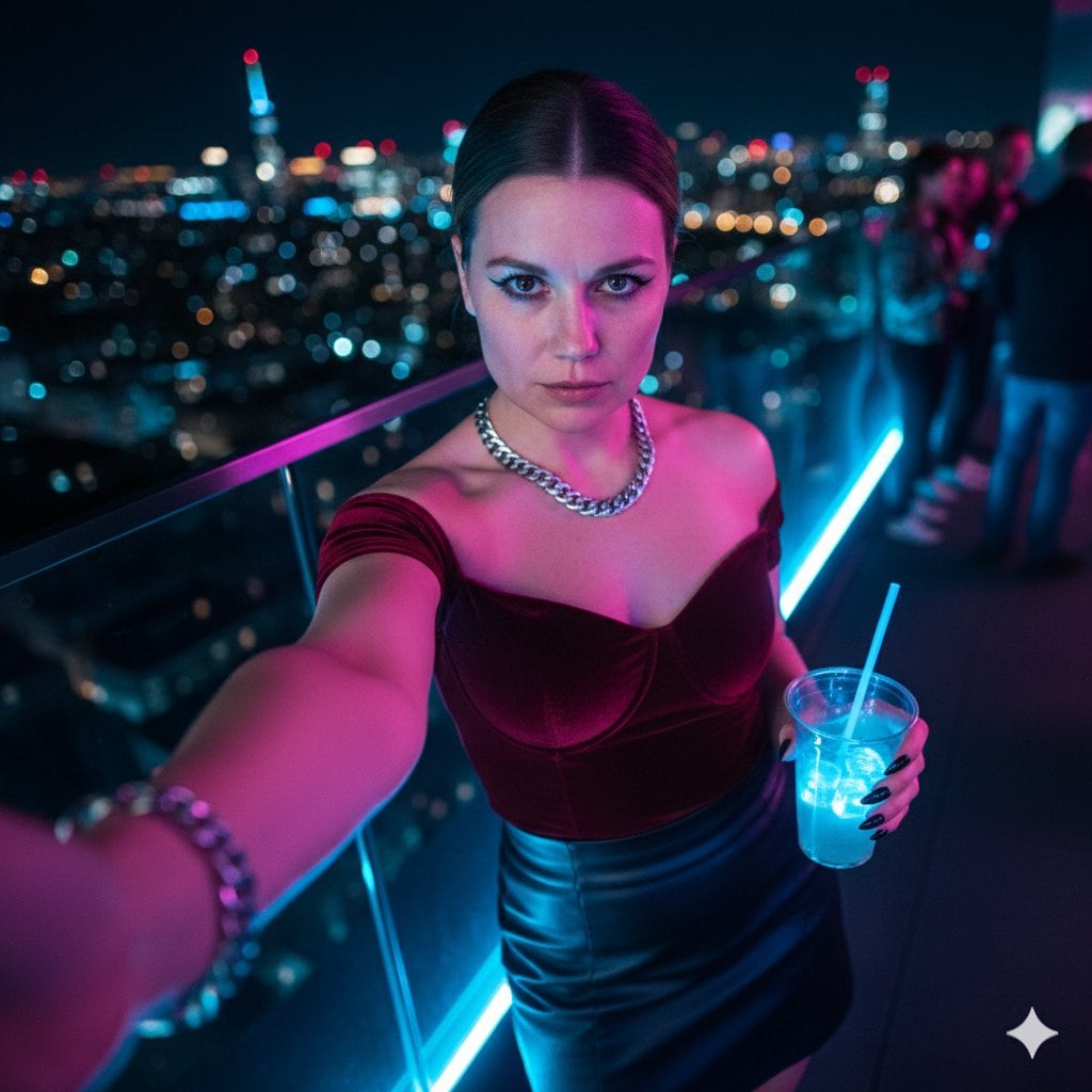 Cyberpunk Rooftop Selfie with Cold Stare - Prompt IA