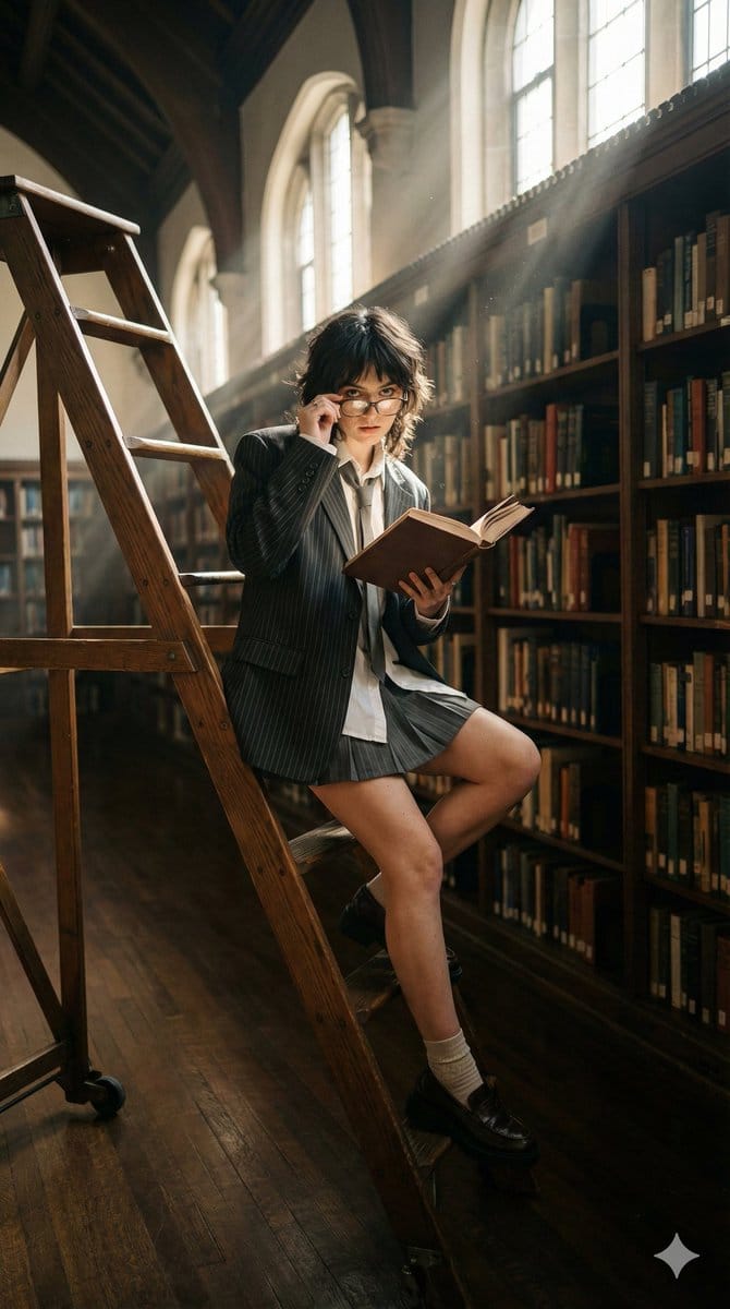 Dark Academia Library Editorial Film Still - KI-Prompt