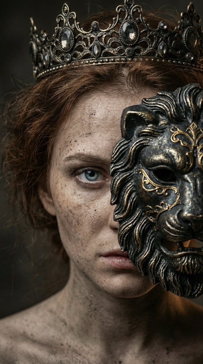 Dark fantasy portrait with metal lion mask - AI提示词