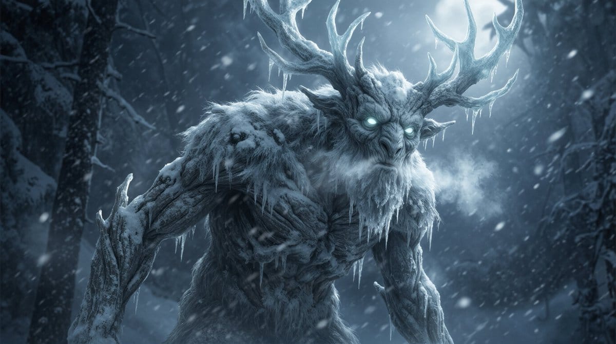 Dark Fantasy Winter Creature Emerging from a Blizzard - AI 프롬프트