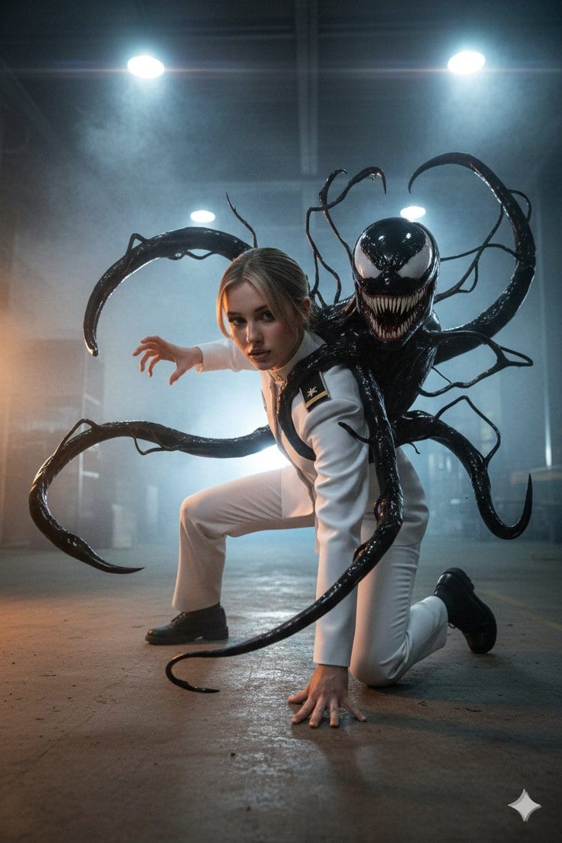 Dark Sci-Fi Action Scene with Venom-like Symbiote - AI 프롬프트
