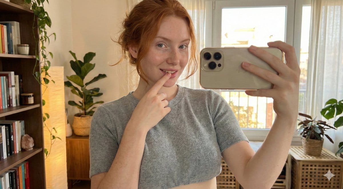 Deep Focus Selfie: Natural Copper Redhead - KI-Prompt