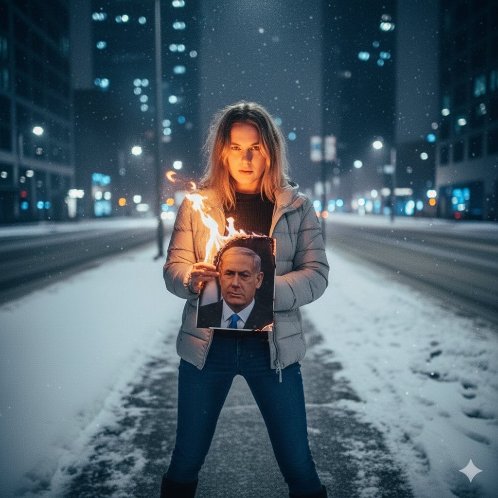 Defiant Woman Lighting Cigarette with Burning Photo - AI Generated Realistic Style Image Example