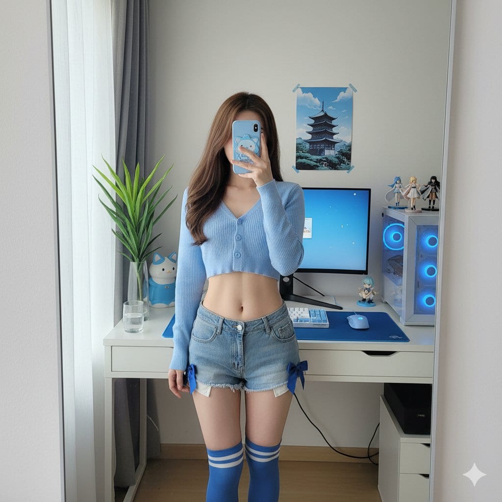 Detailed mirror-selfie otaku room scene - AI Art AI Generated Artwork