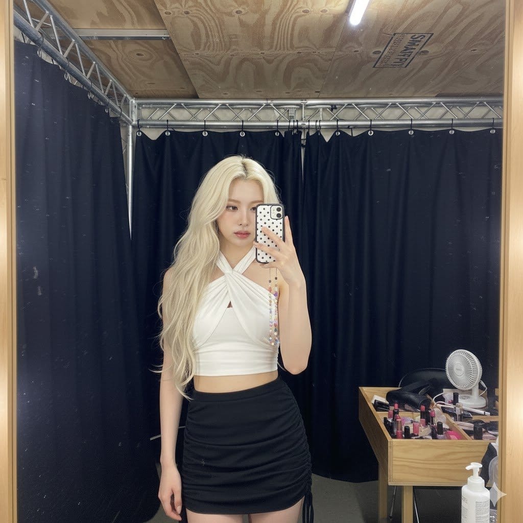 Detailed Backstage Mirror Selfie Analysis Prompt - AI Generated Realistic Style Image Example
