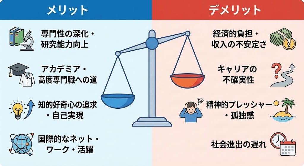 Diagram explaining pros and cons of D-course graduate study - AI Generated AI Art Style Image Example