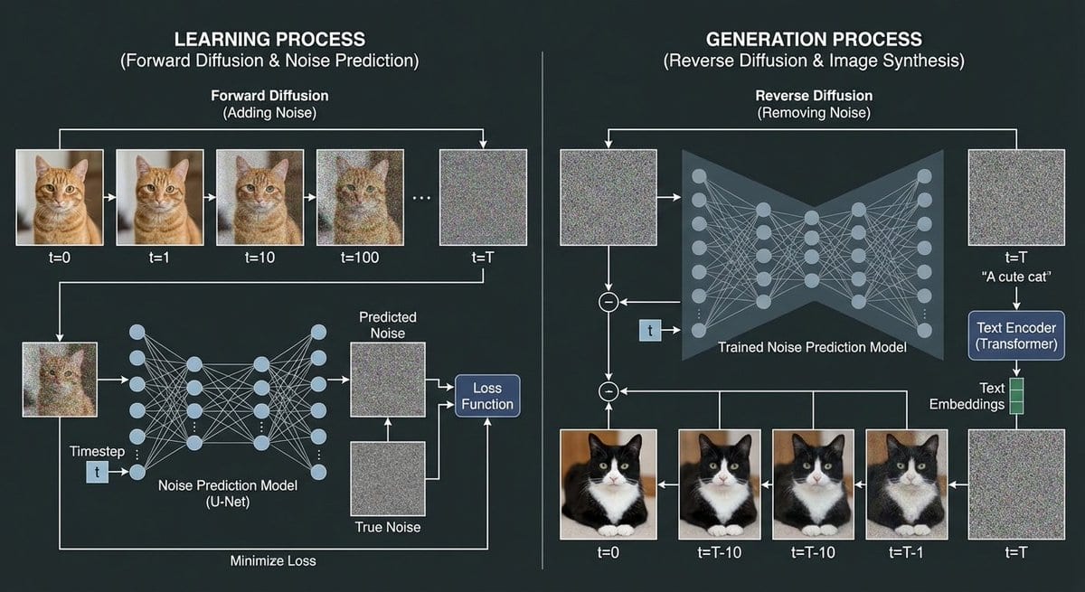 Diffusion model process diagram with cat and noise images - AI Generated AI Art Style Image Example
