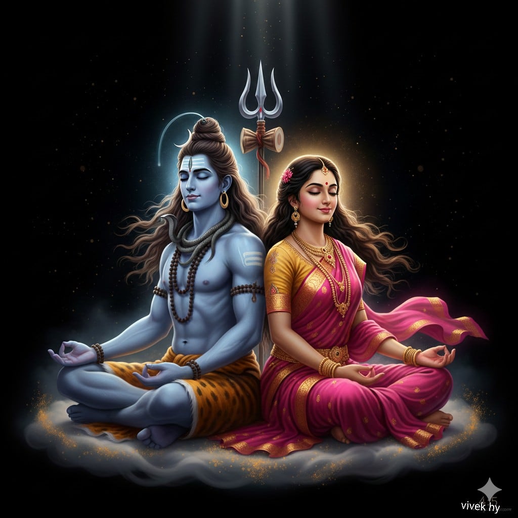 Divine Artwork of Lord Shiva and Goddess Parvati - Промпт ИИ
