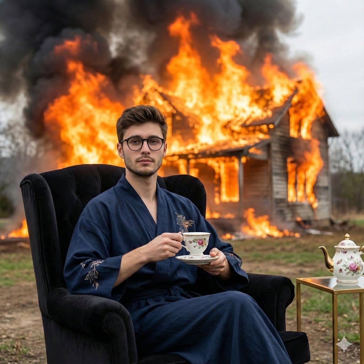 Documentary-Style Photo of Man in Robe with Burning Farmhouse - AI Generated Realistic Style Image Example