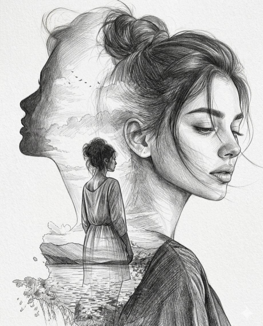 Double Exposure Pencil Sketch Portrait