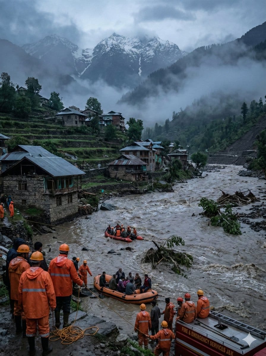 Preview image for Dramatic Cinematic Kashmir Mountain Flood Rescue Scene prompt