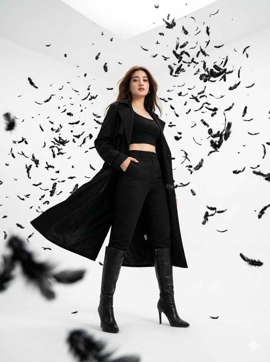 Preview image for Dramatic Feather Explosion Fashion Shot prompt