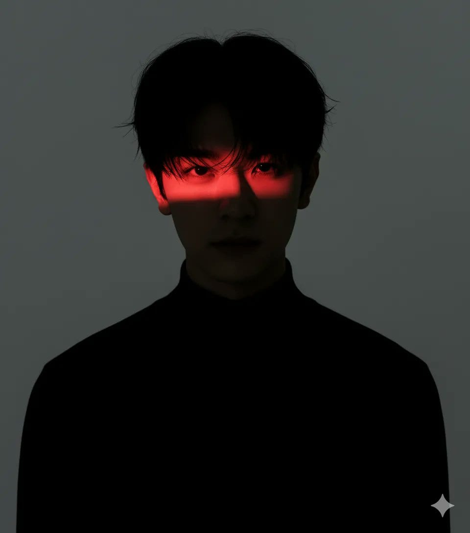 Dramatic Studio Portrait with Red Light Accent - AI 프롬프트