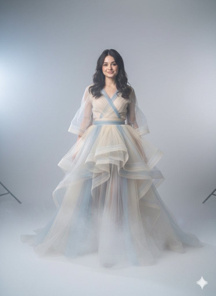 Dreamlike Couture Portrait: Gown Blending with Mist - AI Generated Character Style Image Example