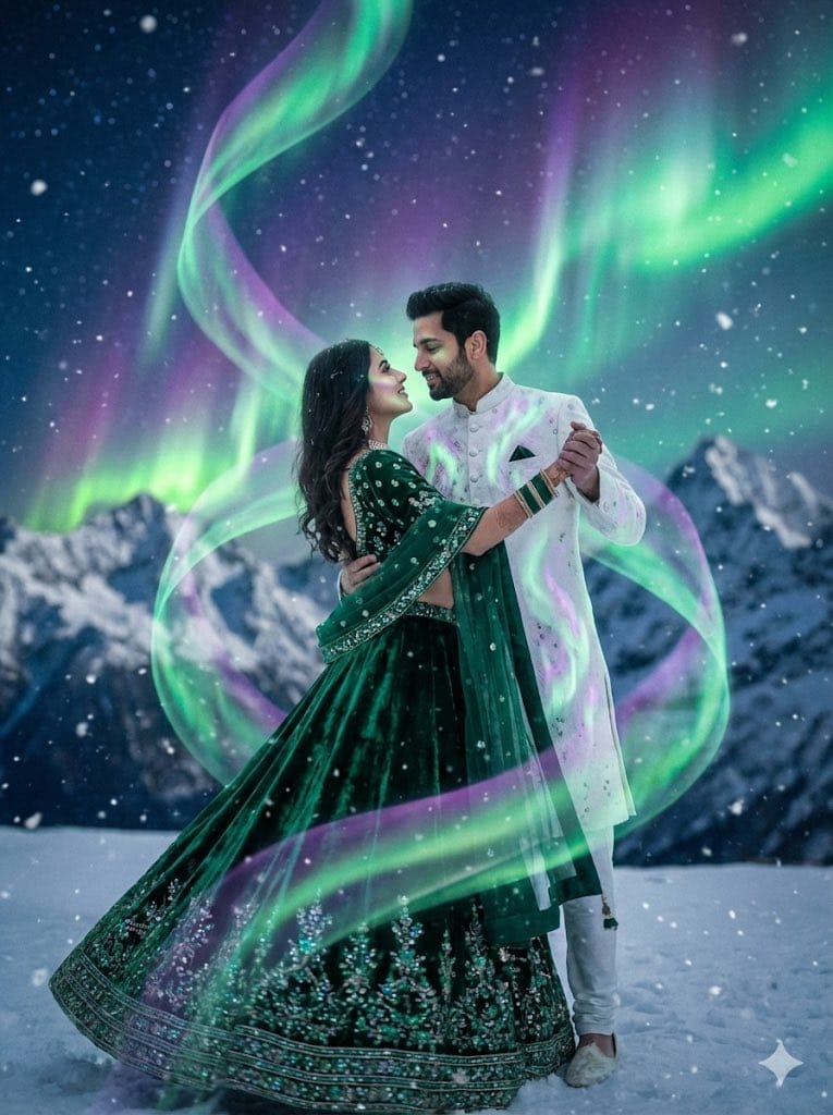 Dreamy Surreal Pre-Wedding Dance under Aurora Borealis - AI Generated Realistic Style Image Example