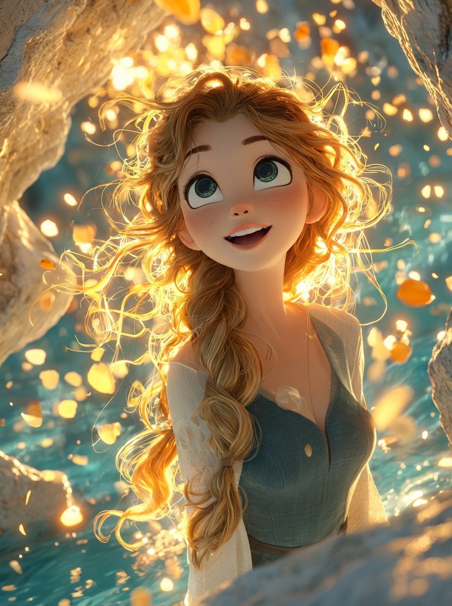 Dreamy 3D Animated Girl in Magical Cave - نص توجيهي للذكاء الاصطناعي