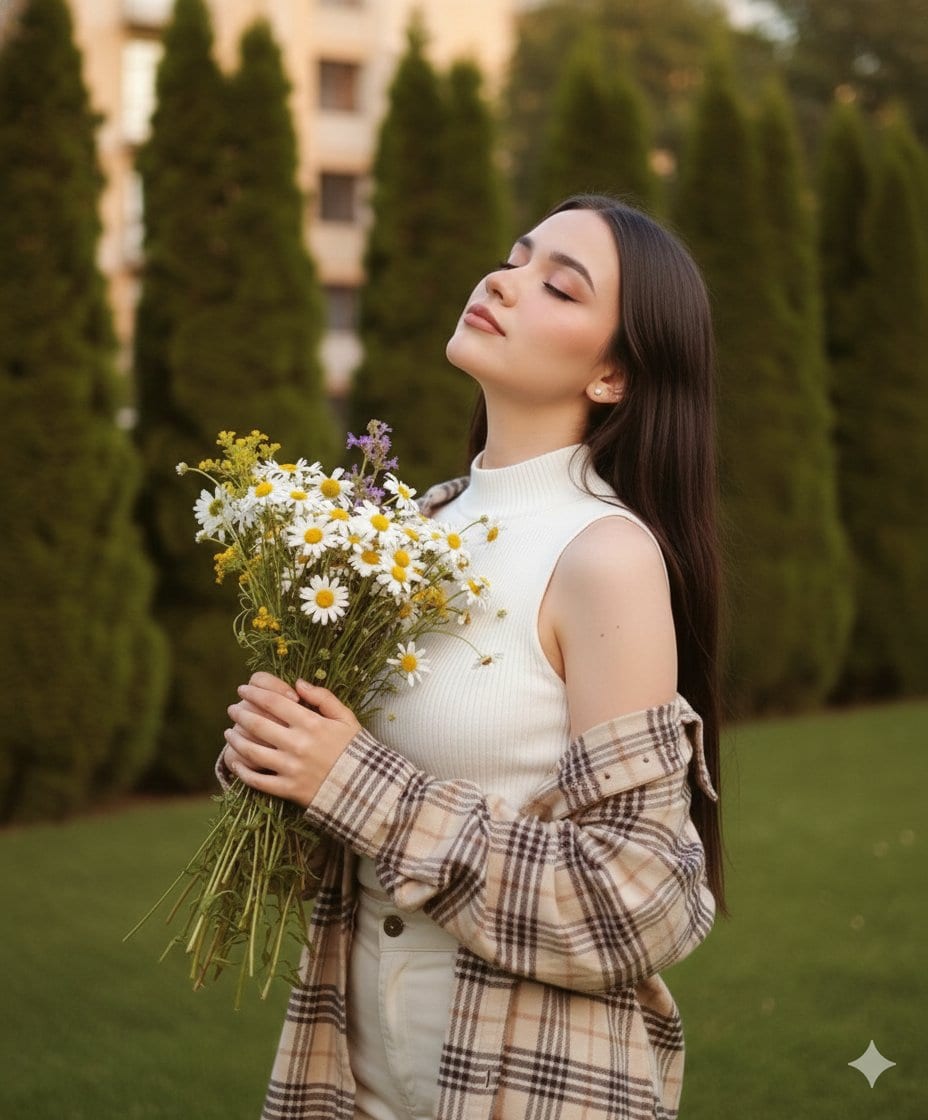 Preview image for Dreamy Cinematic Portrait with Wild Bouquet in Golden Hour prompt