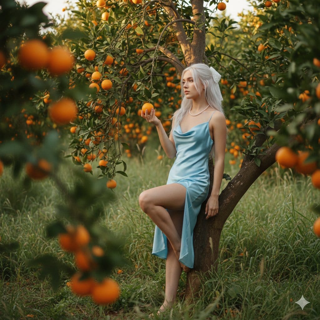 Dreamy Golden Hour Orange Grove Portrait Prompt - AI Generated Character Style Image Example